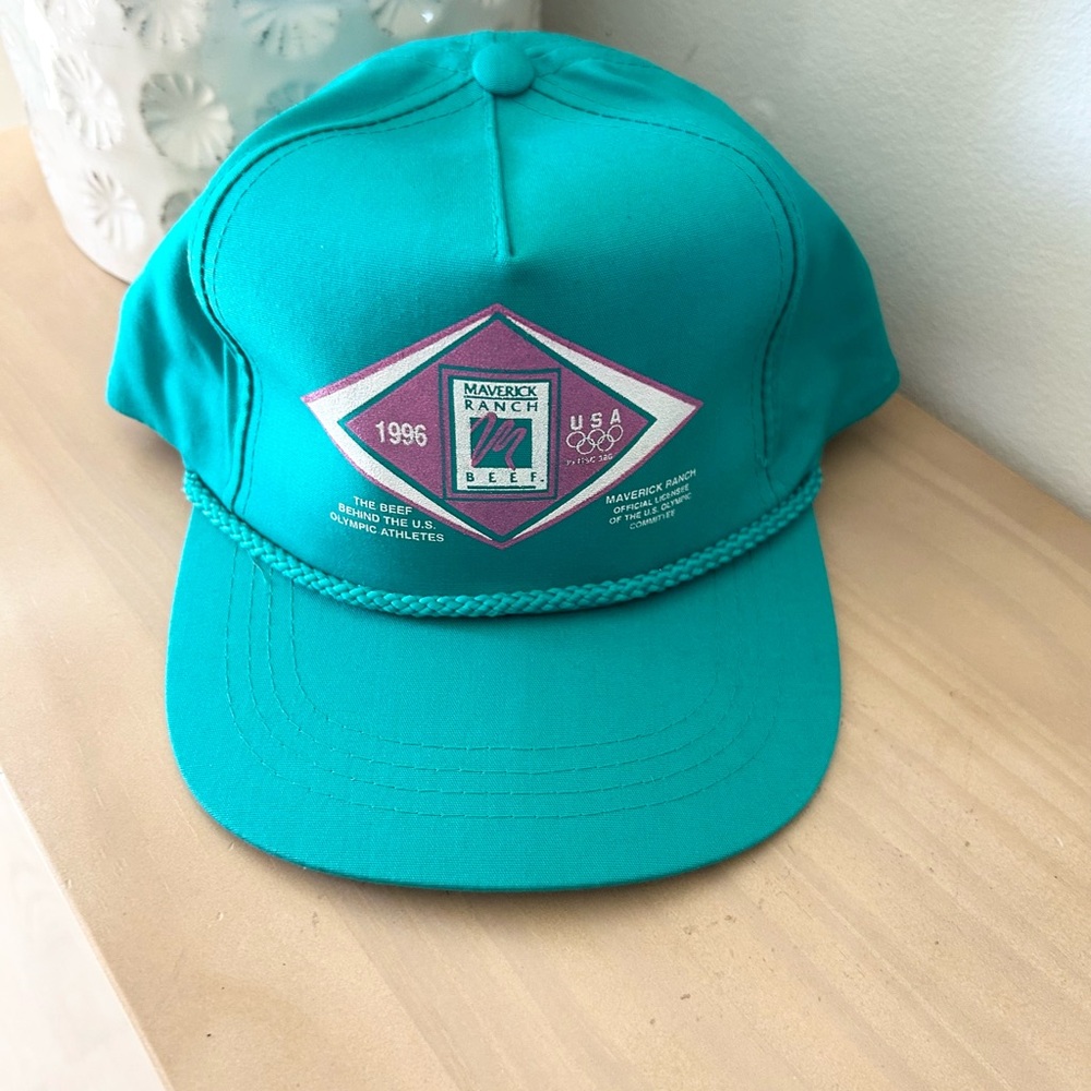 Vintage 1996 US Olympic Maverick Ranch Snapback Hat Teal Adjustable Cap